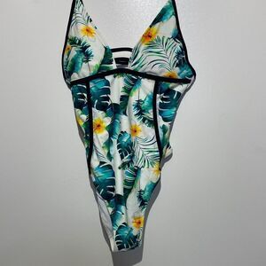 Shein Women's Tropical Print One-Piece Swimsuit White & Green Size M